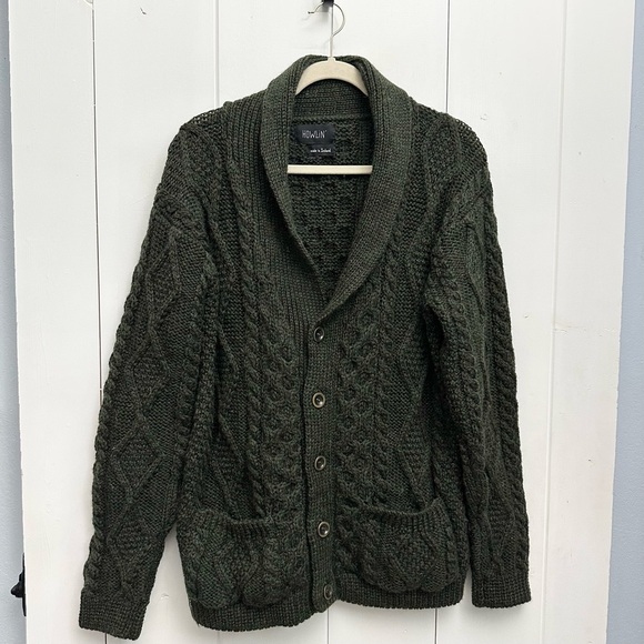 Howlin' Cable-Knit Shawl Collar Wool Cardigan In Green Size Medium - Picture 3 of 8